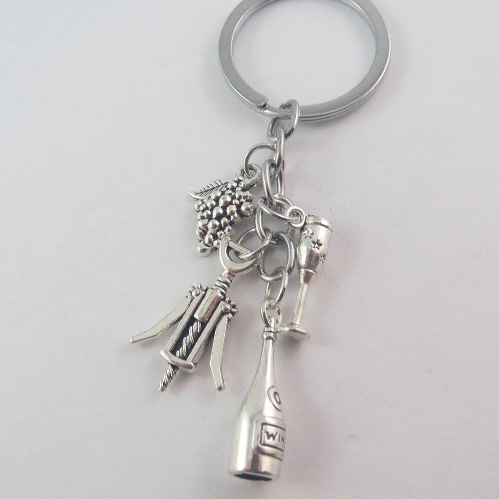 Wine Lover Keychain Wine Bottle Glass Charm Grape Key Ring Vineyard Accessory
